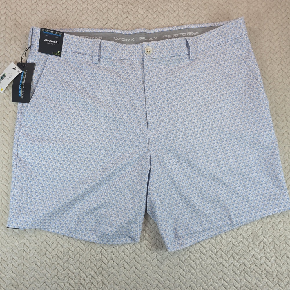 Roundtree & Yorke Performance Golf Shorts Mens 40 Blue White Golf Tee Print New